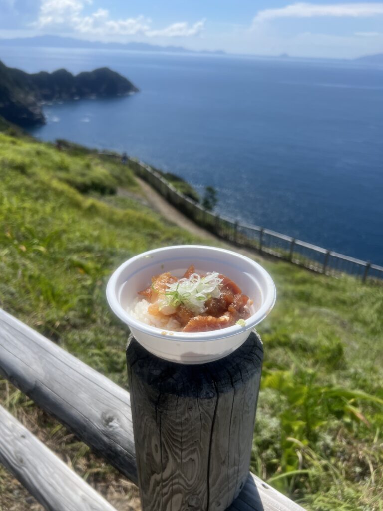 海を見渡す柵の上に置かれた、エイドの海鮮丼の器