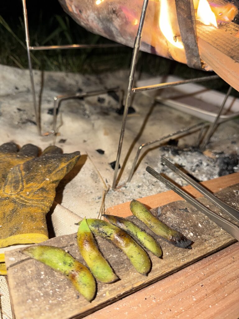 焚き火で焼く枝豆とオクラ
