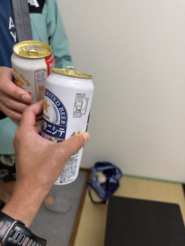 ゴール後、お宿に戻ってビールで乾杯